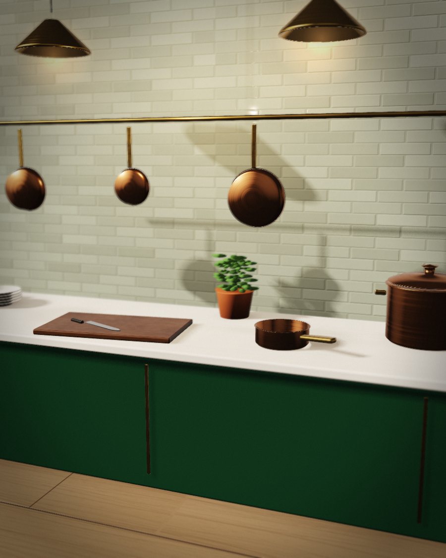 A kitchen island with copper pans and a crate of lemons