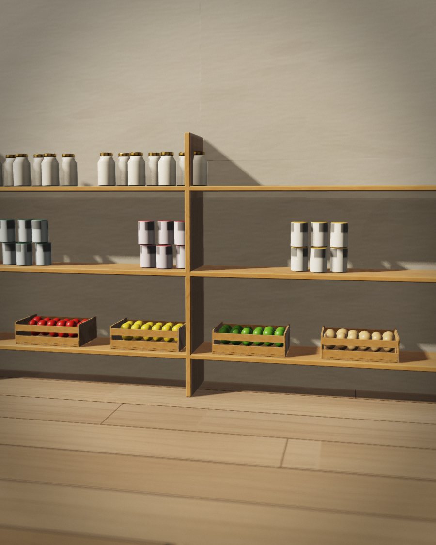 Pantry shelves with jars, tins and produce