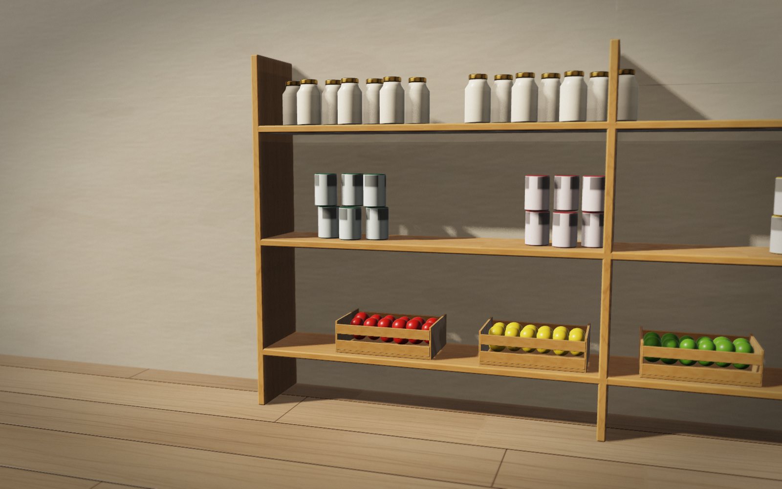 Oak pantry shelves stocked with jars, tins and crates of produce