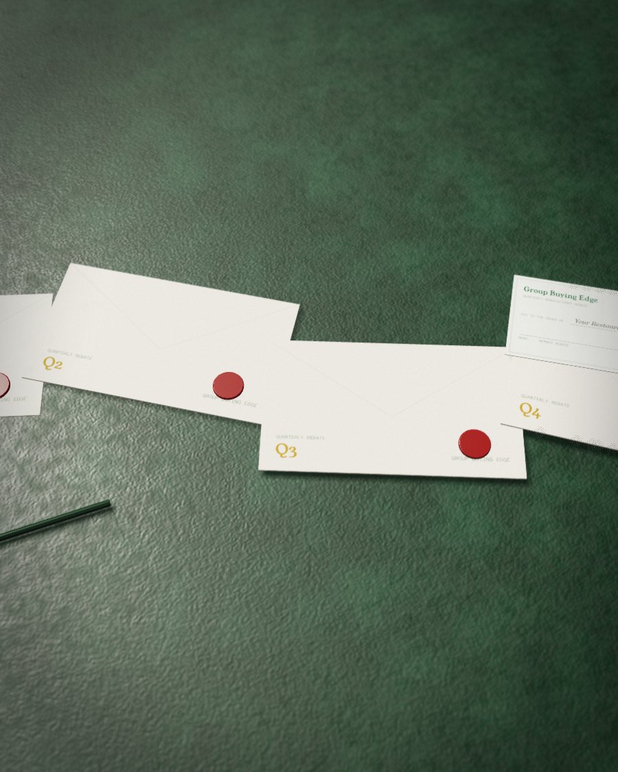 Four rebate envelopes marked Q1 to Q4 on green leather